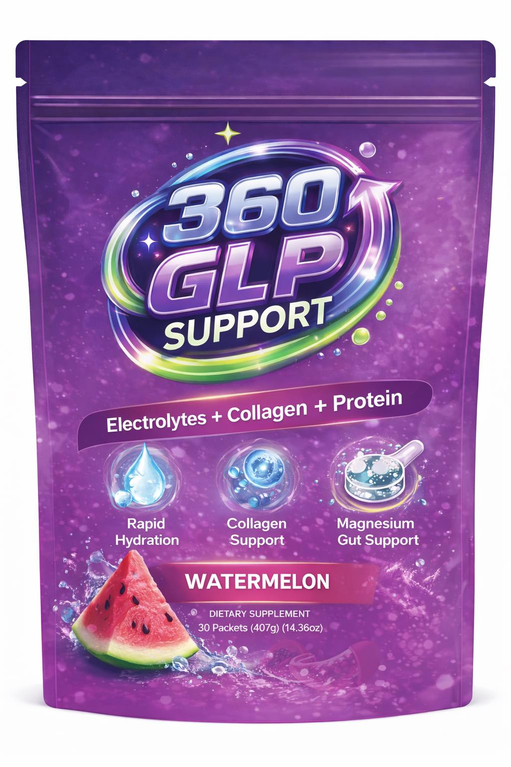 360 GLP Support Watermelon electrolyte, collagen, and protein drink pouch
