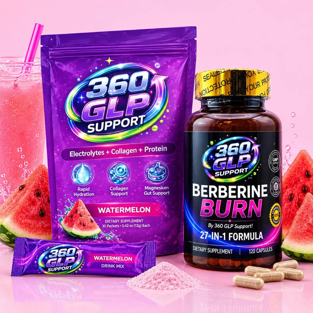 360 GLP Support Watermelon drink pouch, stick pack and Berberine Burn bottle