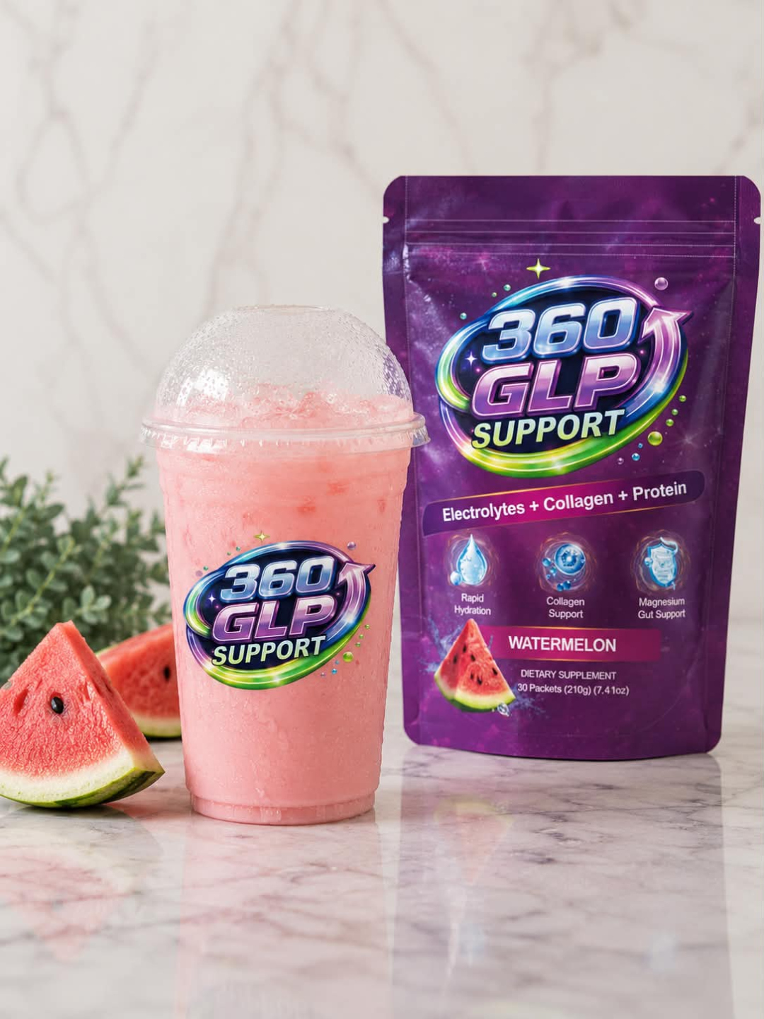 360 GLP Support watermelon drink and pouch product photo